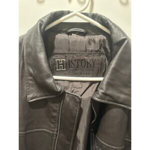 History Channel Leather Jacket L Brown Full Zip Logo Embroidered Bomber